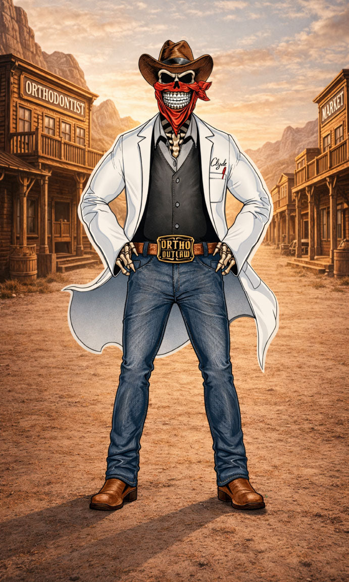 Clyde Ortho Outlaw character orthodontist cowboy mascot in western town